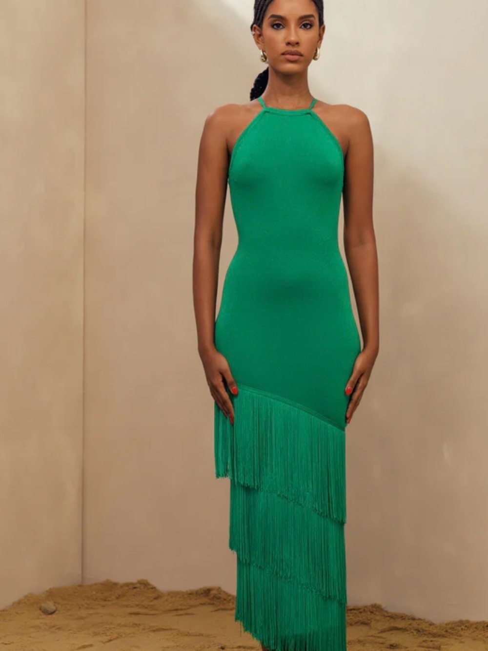 Elexiay green knit halter dress with fringe